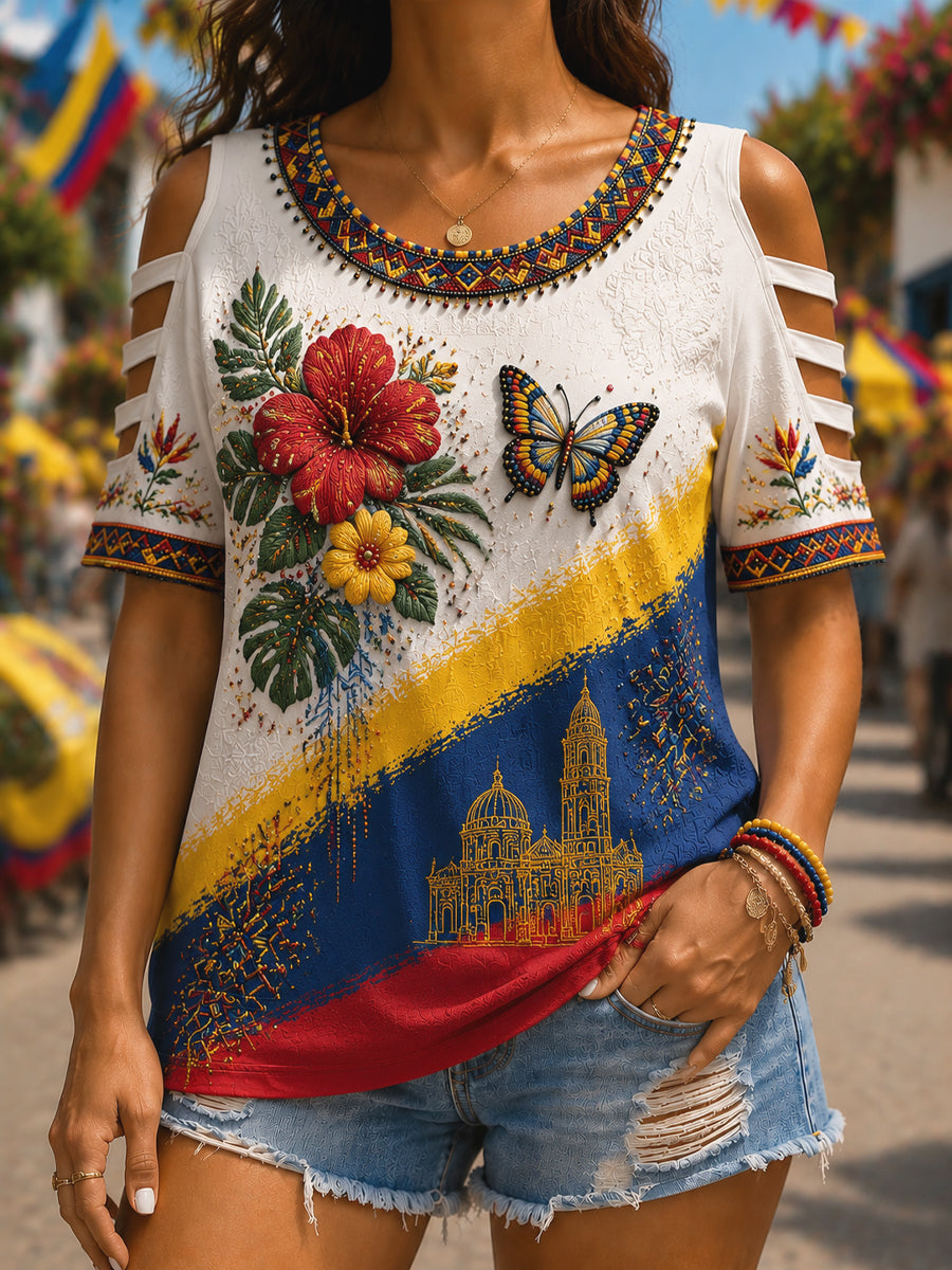 Mujer Retro Columbia Butterfly Off-the-Shoulder Casual T-Shirt