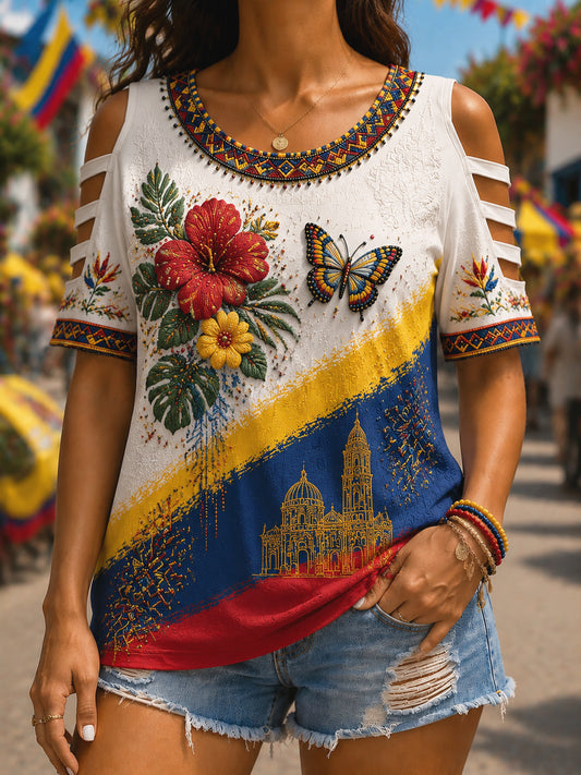 Mujer Retro Columbia Butterfly Off-the-Shoulder Casual T-Shirt