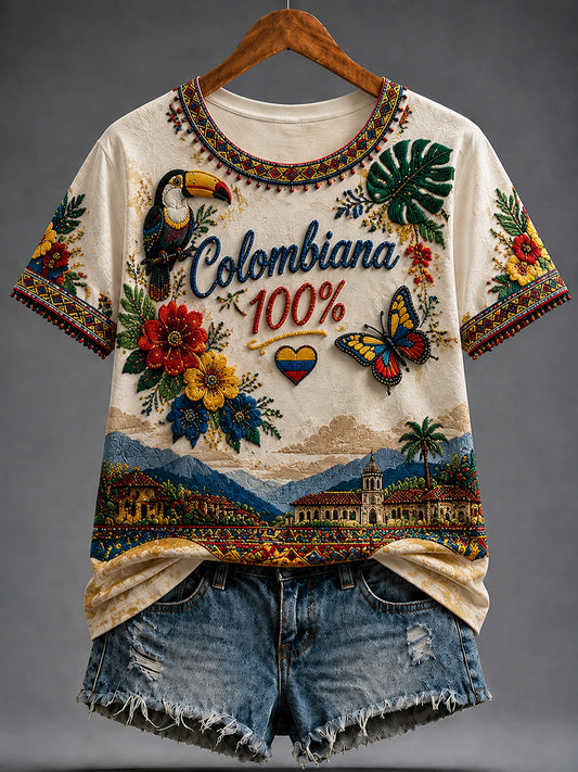 Camiseta casual con estampado floral y animal tropical colombiano vintage