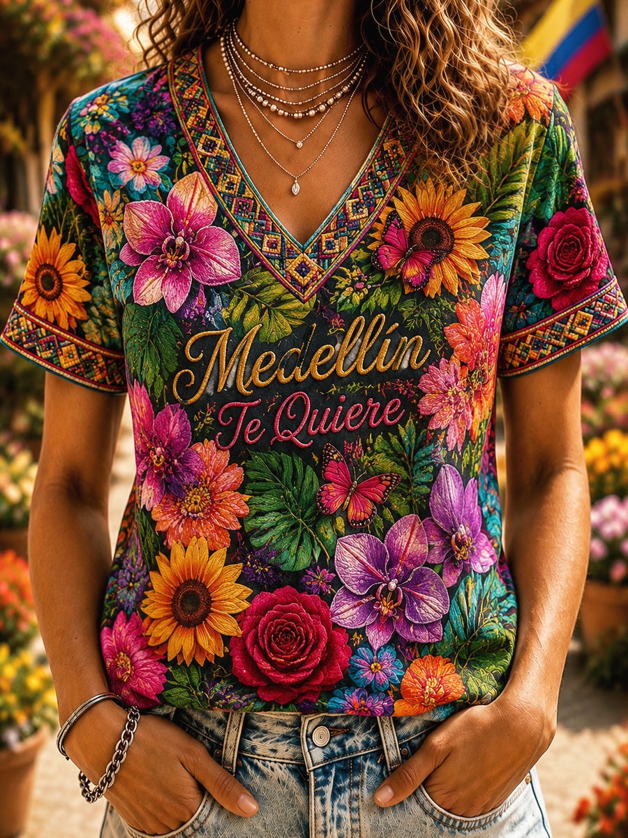 Camiseta retro Colombia del arte floral del festival de la flor de las mujeres