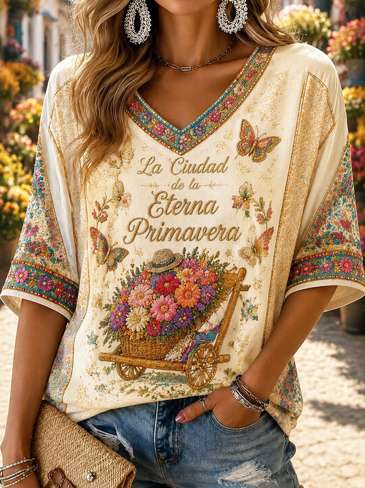 Camiseta con cuello en V para mujer Retro Colombian Flower Festival “Silleta”