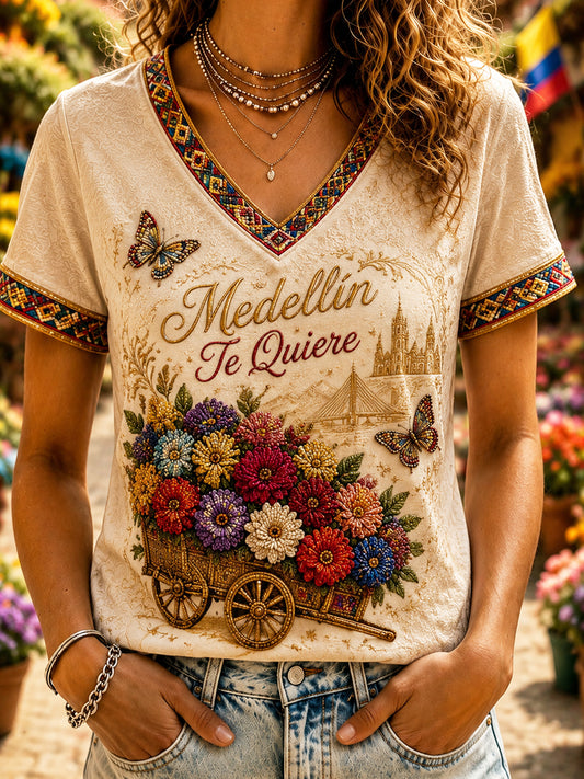 Camiseta Arte retro del festival de la flor de Colombia de las mujeres