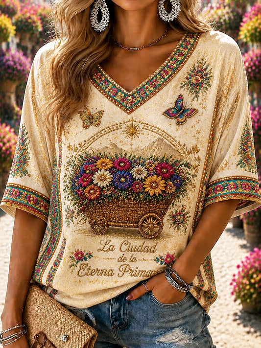 Camiseta retro con cuello en V para mujer del Festival de las Flores Colombianas “Silleta”