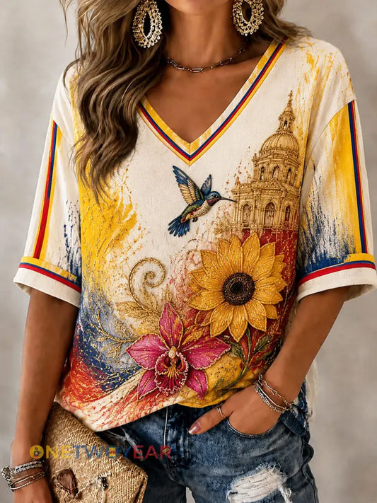 Top con cuello en V Columbia Independence Day Floral Art para mujer - como imagen / S