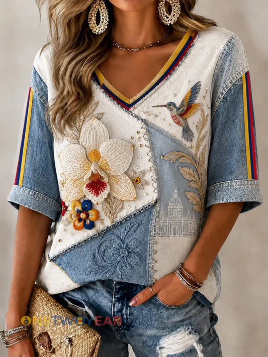 Top con cuello en V Columbia Independence Day Orchid Art para mujer - como imagen / S
