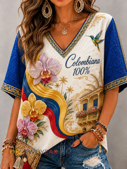 Top con cuello en V para mujer Columbia Independence Day Floral Art - como imagen / S