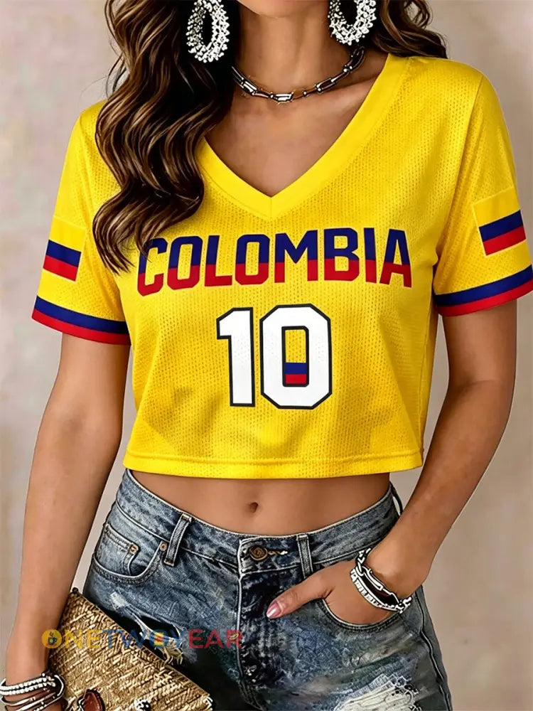 Top corto con cuello en V para mujer de Colombia - amarillo / S