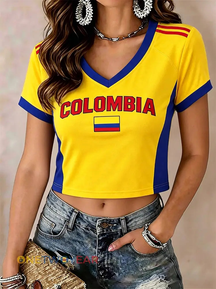 Top de mujer Colombia con cuello en V - amarillo / S