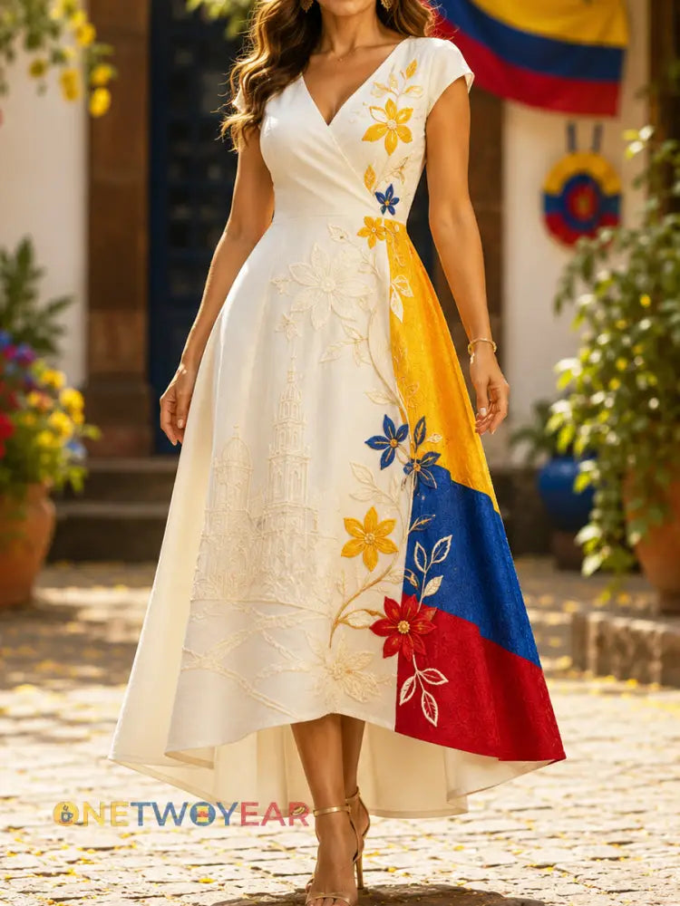 Vestido con cuello en V inspirado en el día de la independencia artística de Columbia para mujer - como imagen / S