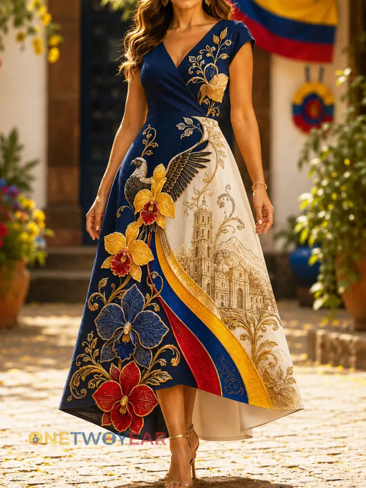 Vestido con cuello en V para celebración del Día de la Independencia de Colombia vintage para mujer - como imagen / S