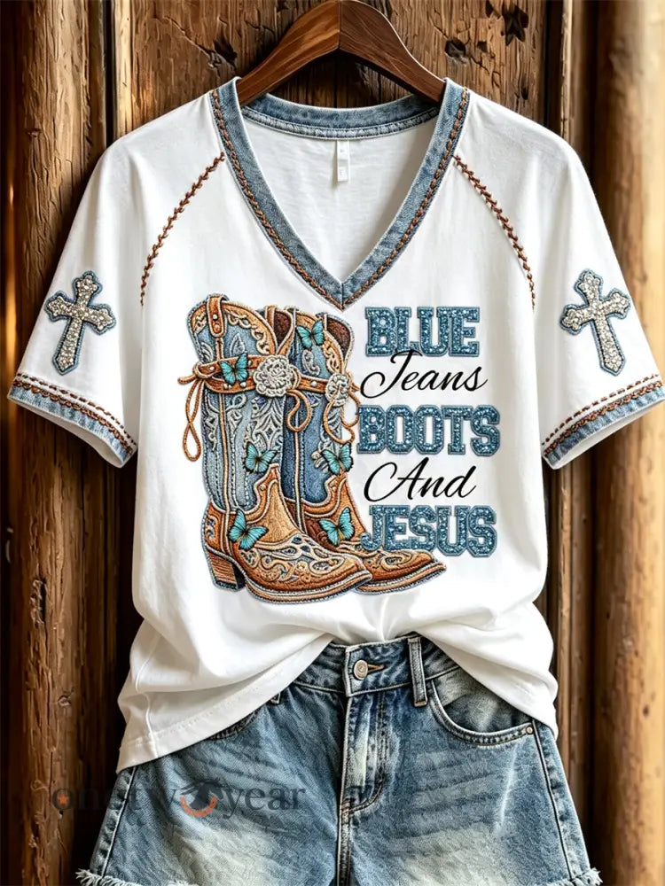 Women’s Blue Jeans Boots and Jesus Glitter Cross Denim Print short-sleeved T-shirt - White / S