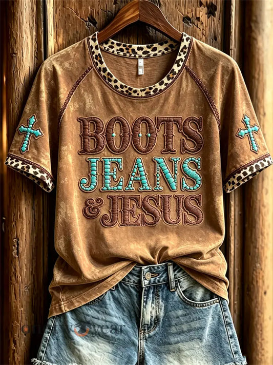 Women’s Boots Jeans Jesus Turquoise Leopard Print short sleeve T-shirt - Brown / S