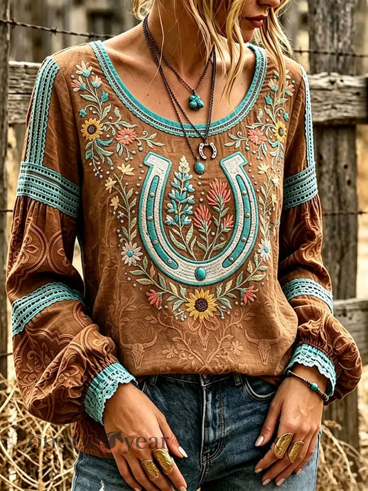 Women’s Classy Retro Western Floral Art Print Cotton and Linen Top - Brown / S
