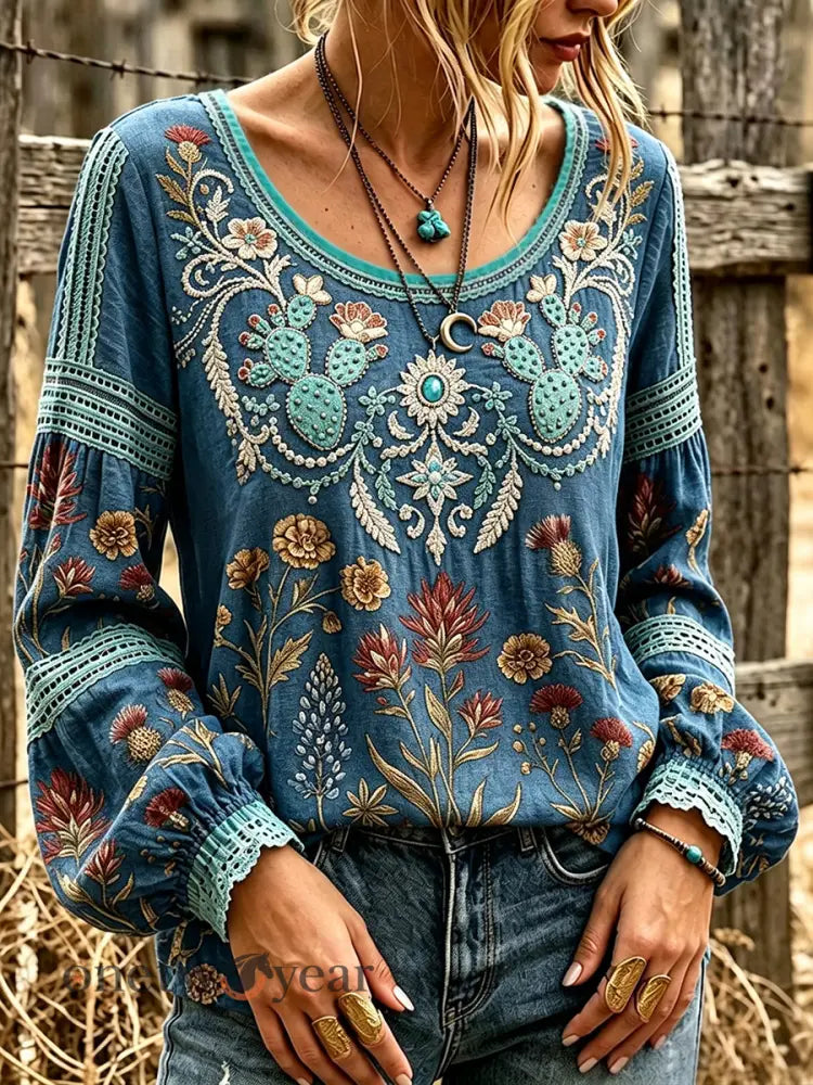 Women’s Classy Western Floral Art Print Cotton and Linen Top - Deep Blue / S