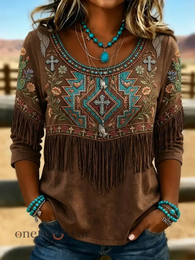 Women’s Ethnic Western Pattern Cross Print Mid-sleeved T-shirt - Dark Brown / S