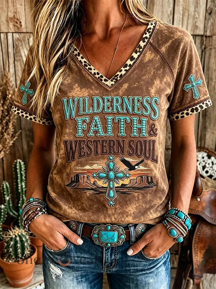 Women’s Faith & Western Soul Turquoise Cross Print V-neck Short-sleeved T-shirt - Brown / S