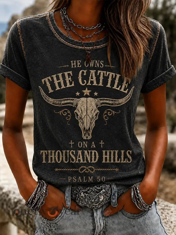 Women’s He Owns The Cattle Short-sleeved T-shirt - Dark Gray / S