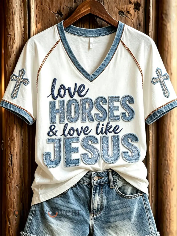 Women’s Love Horses & Love Like Jesus Vintage Denim Art short-sleeved T-shirt - White / S