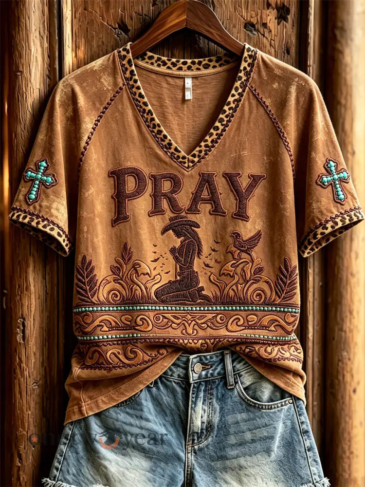 Women’s Pray Praying Cowgirl Turquoise Cross Leopard Print short-sleeved T-shirt - Brown / S
