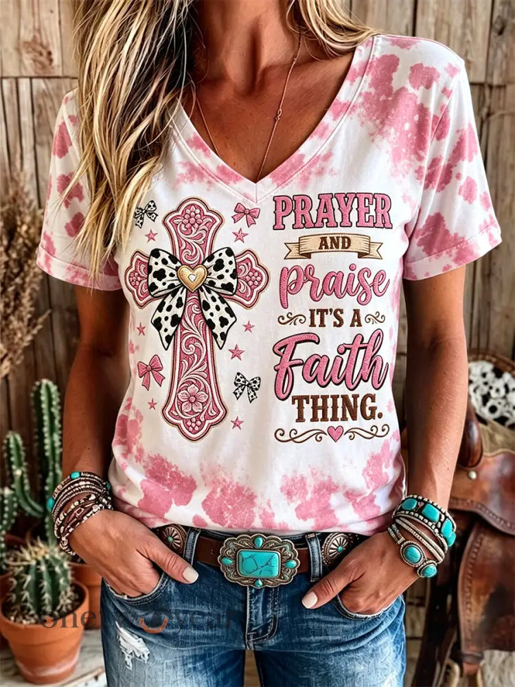 Women’s Prayer Praise Faith Western Cross Cow Print Short-sleeved T-shirt - Pink / S