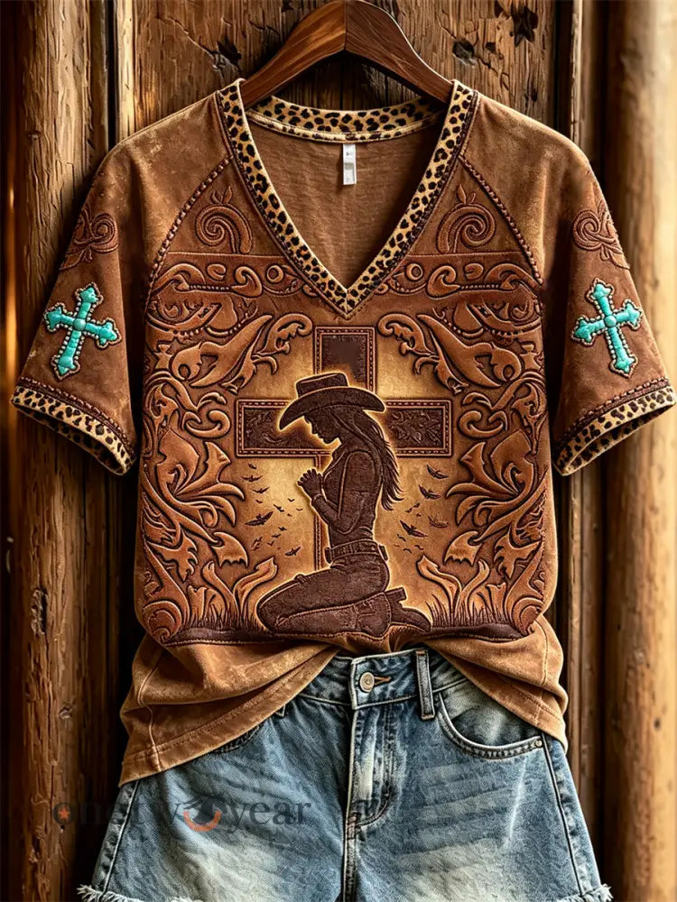 Women’s Praying Cowgirl Turquoise Cross Leopard Print short-sleeved T-shirt - Brown / S