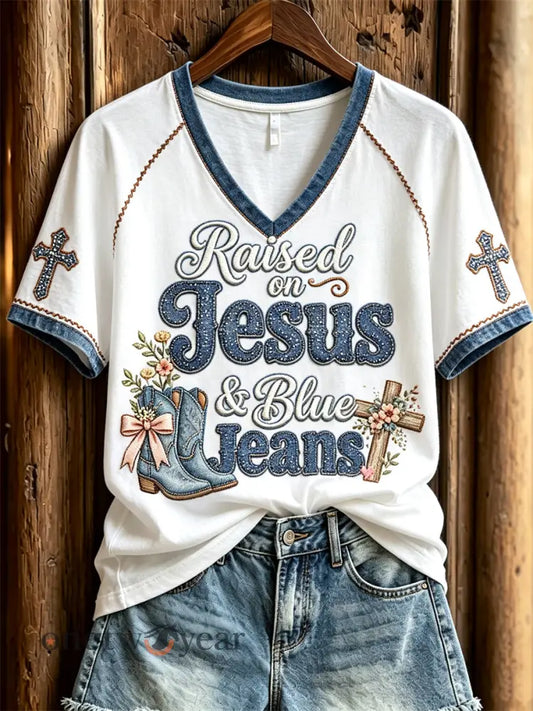 Women’s Raised on Jesus & Blue Jeans Denim Art Print short-sleeved T-shirt - White / S