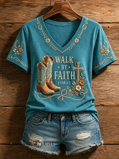 Women’s Retro Western Faith Boots Print Casual V-Neck Tee