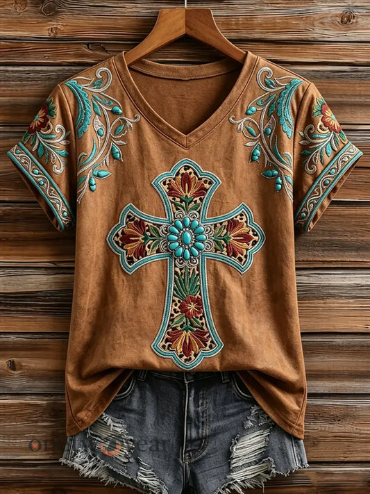Women’s Retro Western Floral Turquoise Cross Print Short-sleeved T-shirt - Brown / S
