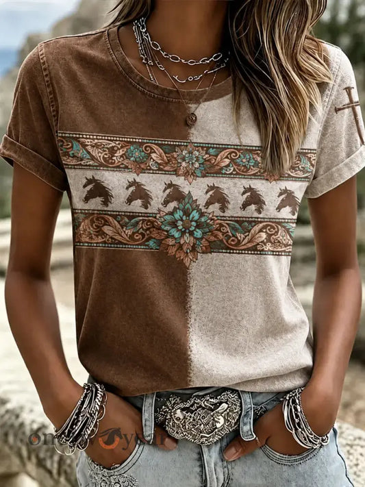Women’s Retro Western Horse Short Sleeve T-shirt - As picture / S