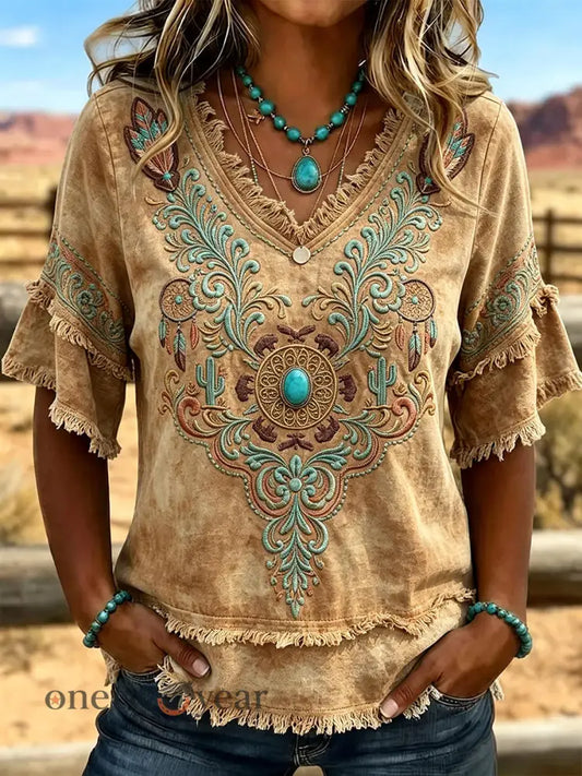 Women’s Retro Western Pattern Print Tassel Cotton-Linen Shirt - Khaki / S