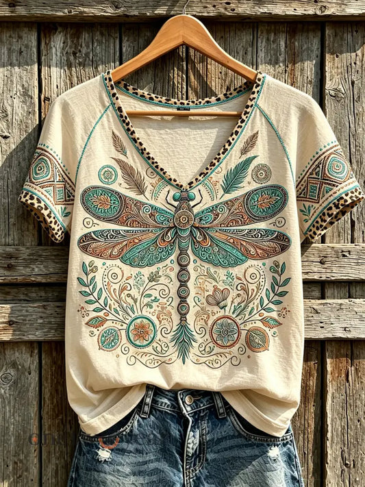 Women’s retro western-style animal pattern printed casual short-sleeve T-shirt - Beige / S