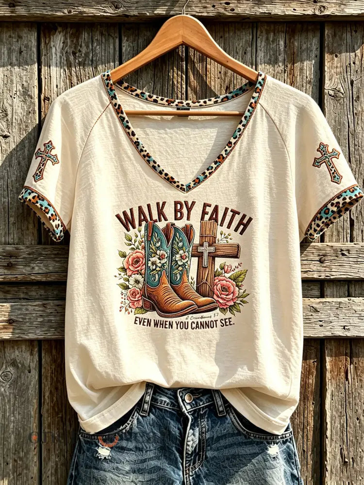 Women’s retro western style faith slogan pattern printed casual short-sleeve T-shirt - Beige / S