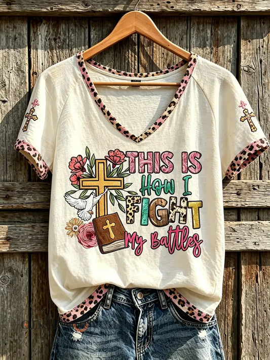 Women’s retro western style faith slogan pattern printed casual short-sleeve T-shirt - Creamy-White / S