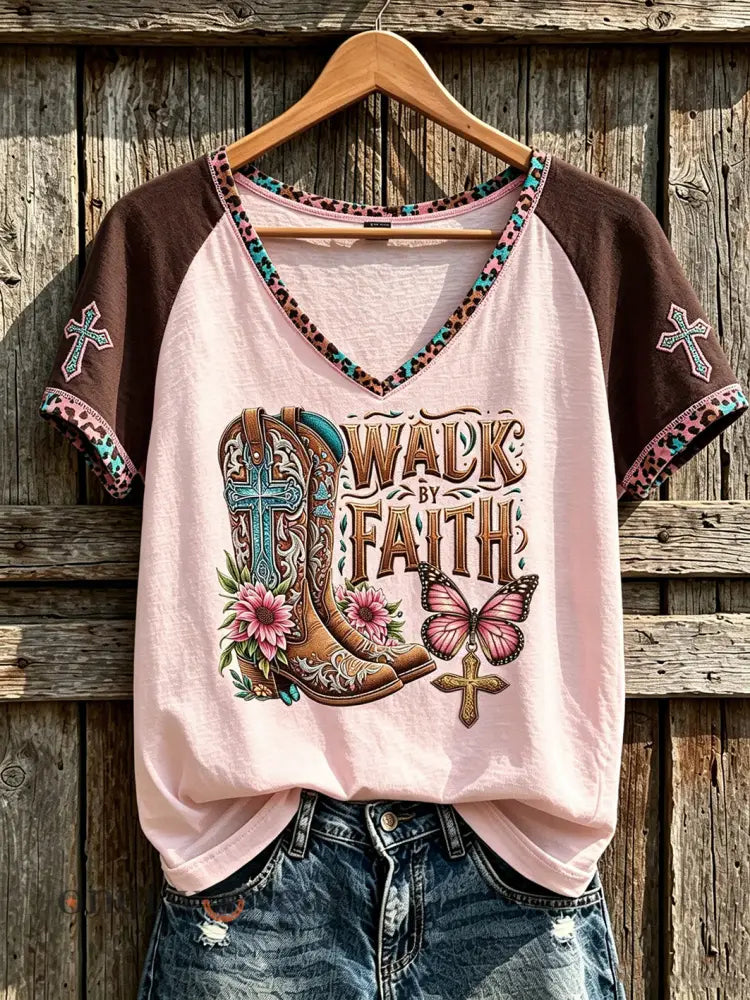 Women’s retro western style faith slogan pattern printed casual short-sleeve T-shirt - Light Pink / S