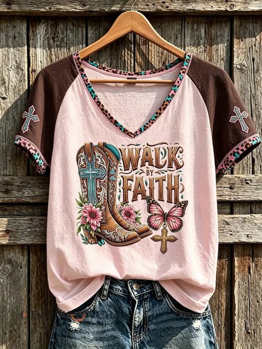 Women’s retro western style faith slogan pattern printed casual short-sleeve T-shirt - Light Pink / S