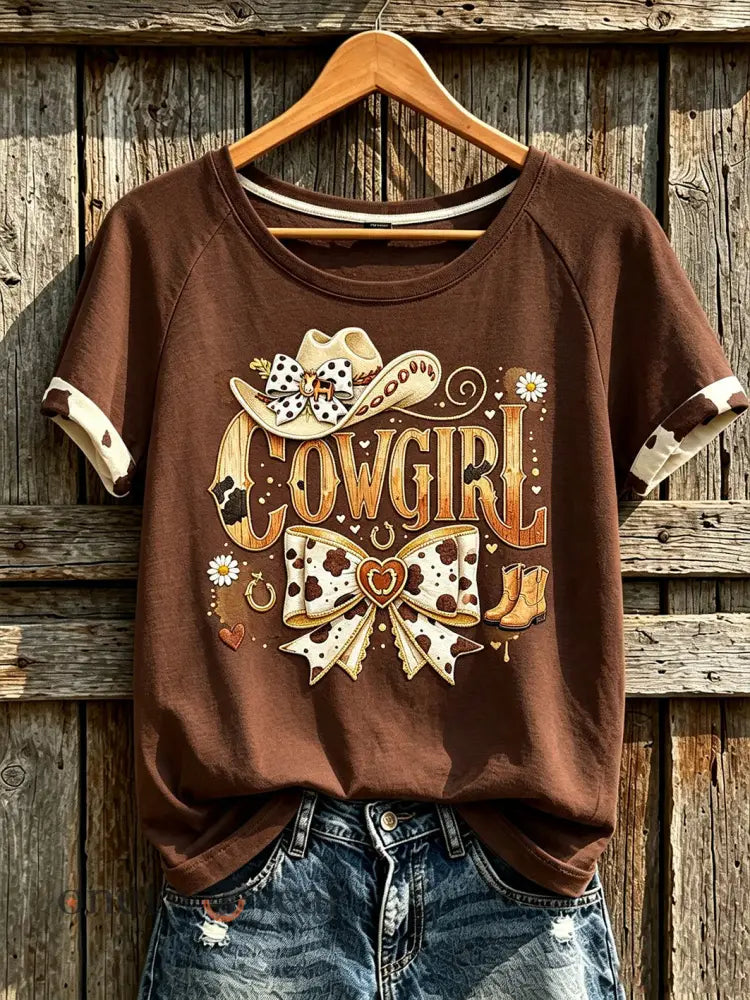 Women’s retro western style pattern printed casual short-sleeve T-shirt - Dark Brown / S