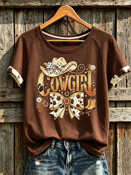Women’s retro western style pattern printed casual short-sleeve T-shirt - Dark Brown / S