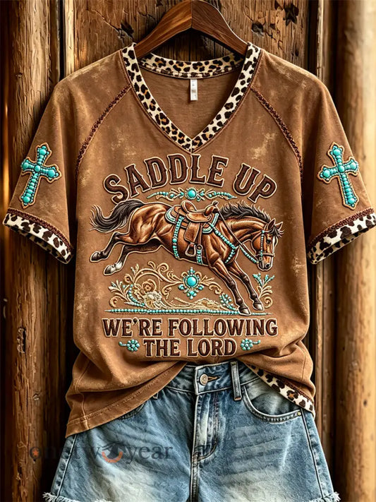 Women’s Saddle Up We’re Following the Lord Horse & Turquoise Cross Print short-sleeved T-shirt - Brown / S