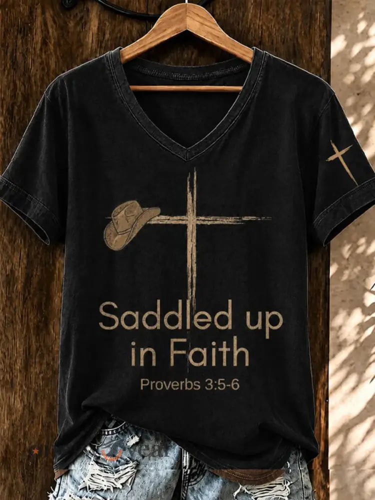 Women’s Saddled Up In Faith Short-sleeved T-shirt - Black / S