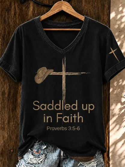 Women’s Saddled Up In Faith Short-sleeved T-shirt - Black / S