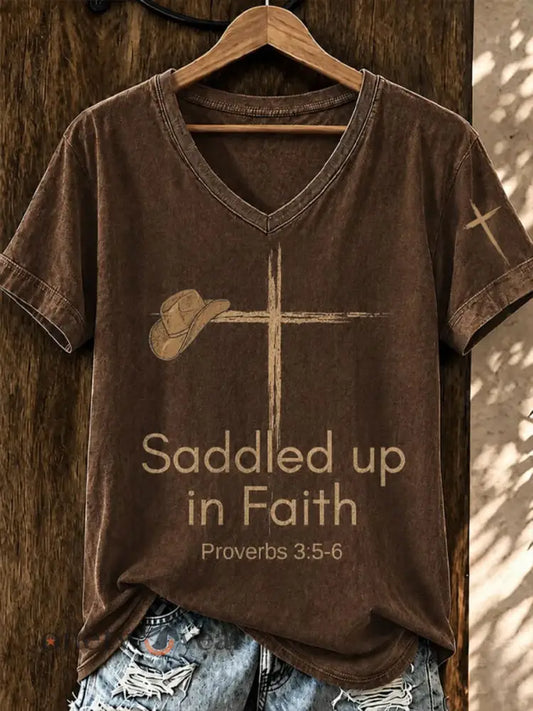 Women’s Saddled Up In Faith Short-sleeved T-shirt - Brown / S