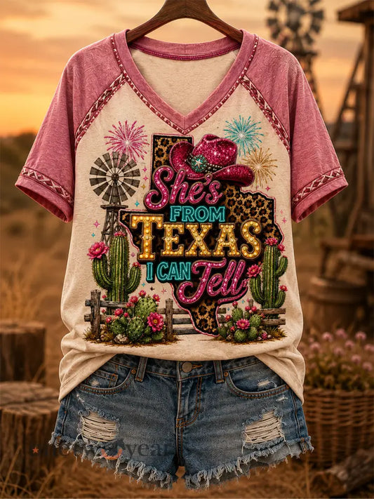 Women’s She’s From Texas I Can Tell Print Casual V-Neck Tee - Apricot / S