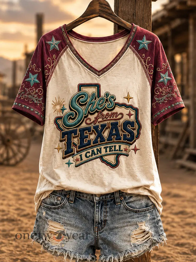 Women’s She’s From Texas I Can Tell Print Casual V-Neck Tee - Apricot / S