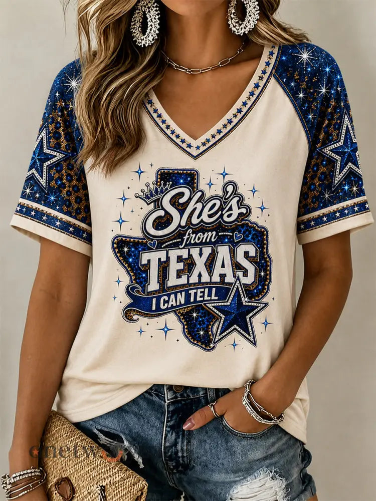 Women’s She’s From Texas I Can Tell Print Casual V-Neck Tee - Apricot / S