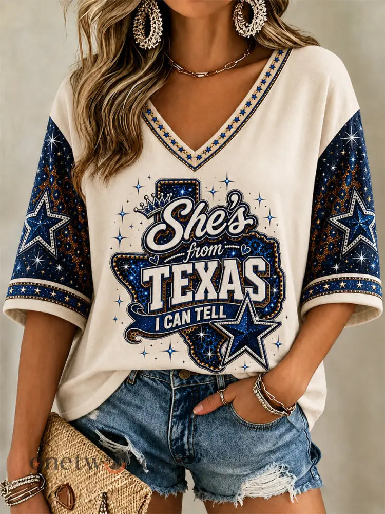 Women’s She’s From Texas I Can Tell Print Casual V-Neck Tee - Apricot / S
