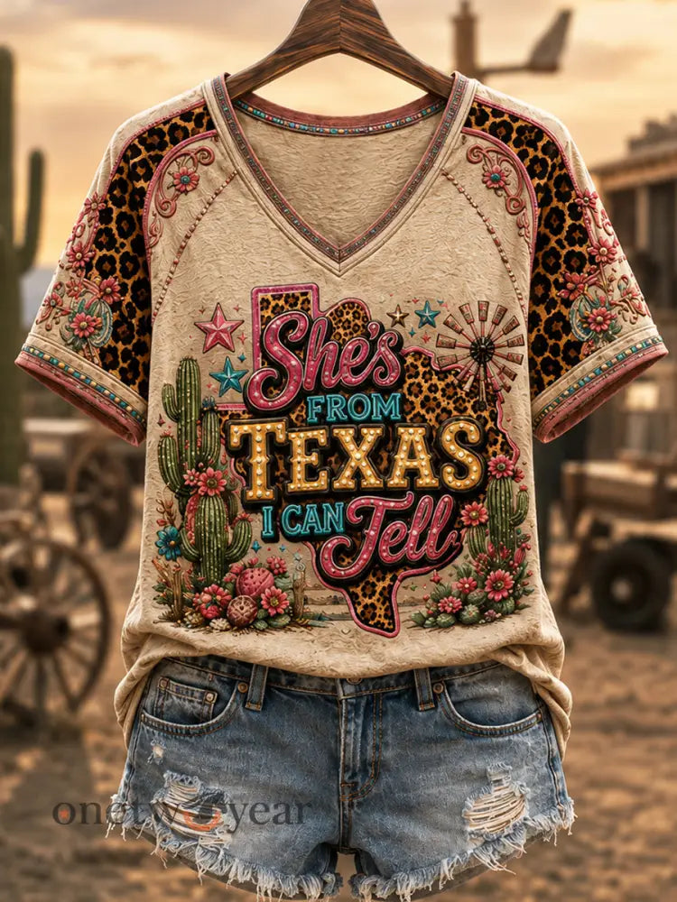 Women’s She’s From Texas I Can Tell Print Casual V-Neck Tee - Apricot / S