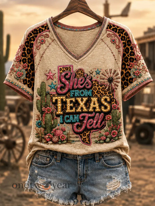 Women’s She’s From Texas I Can Tell Print Casual V-Neck Tee - Apricot / S