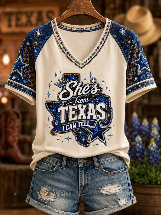 Women’s She’s From Texas I Can Tell Print Casual V-Neck Tee - Apricot / S