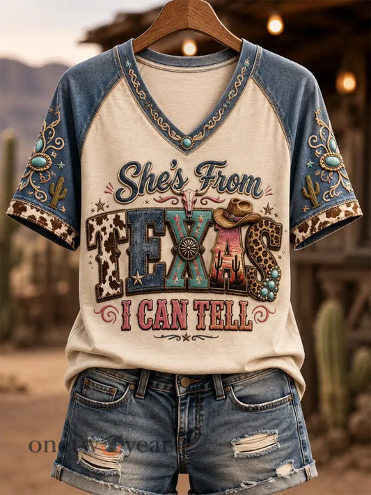 Women’s She’s From Texas I Can Tell Print Casual V-Neck Tee - Apricot / S