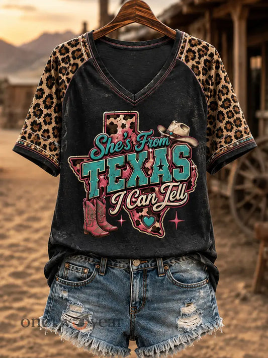 Women’s She’s From Texas I Can Tell Print Casual V-Neck Tee - Black / S